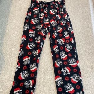 Star Wars fleece pajama pants, Stormtrooper Santa, marked XL but runs more LARGE